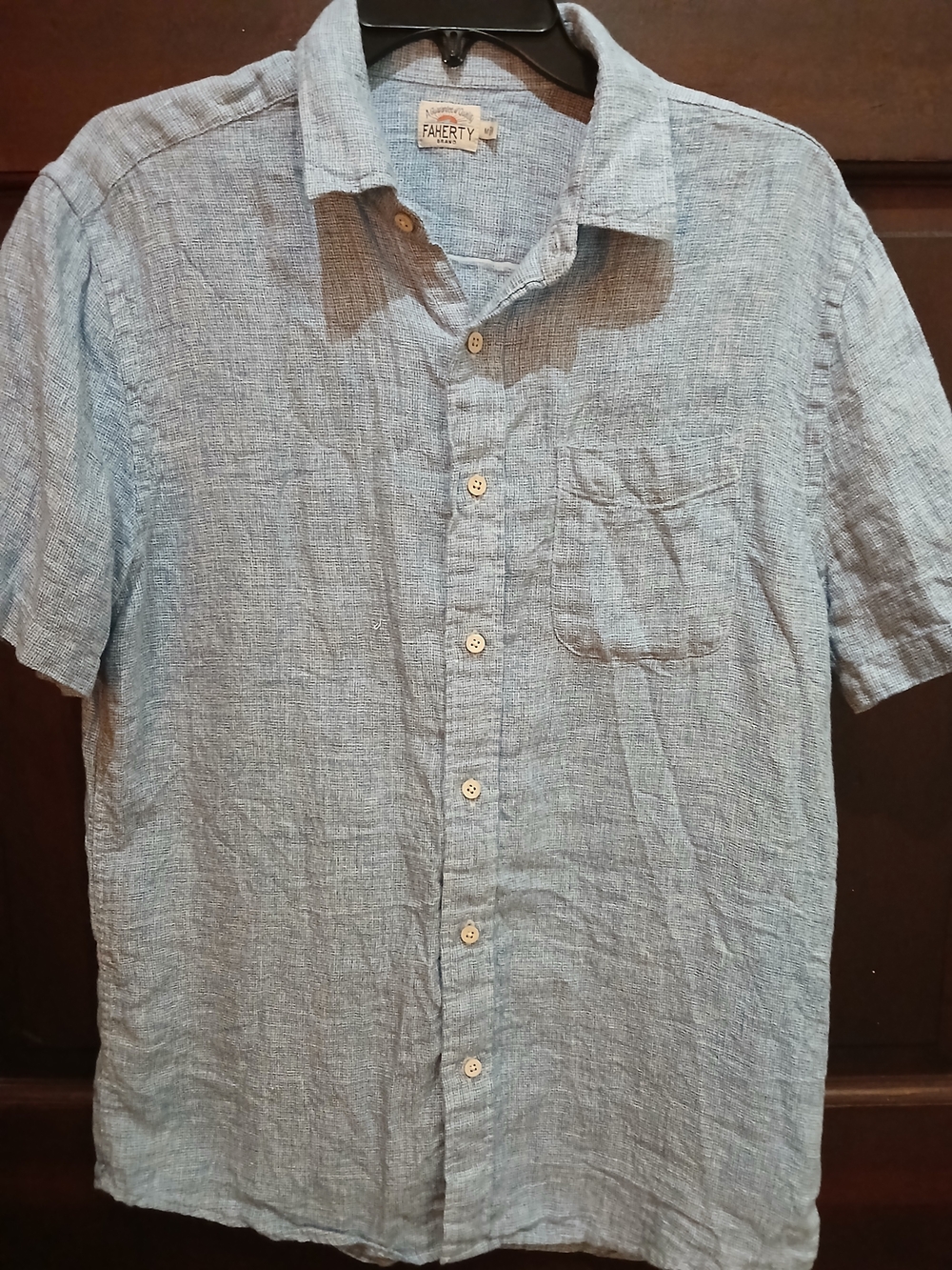 Faherty Light Blue Short Sleeve Linen Textured Weave Button-Up Shirt Size M